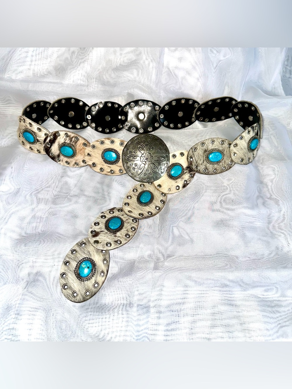 Vintage Western Cowhide Calf Hair Turquoise Concho Belt Y2K Rodeo